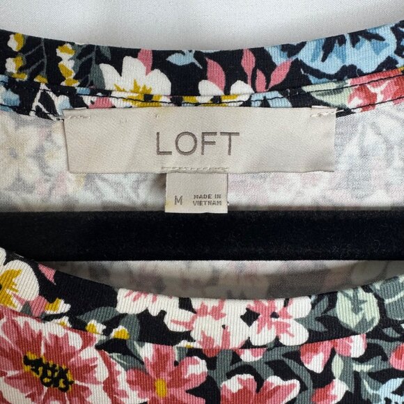 Loft All Over Floral Print Smocked Ruffled Sleeve Dress Multi Color Stretch M - Picture 3 of 6